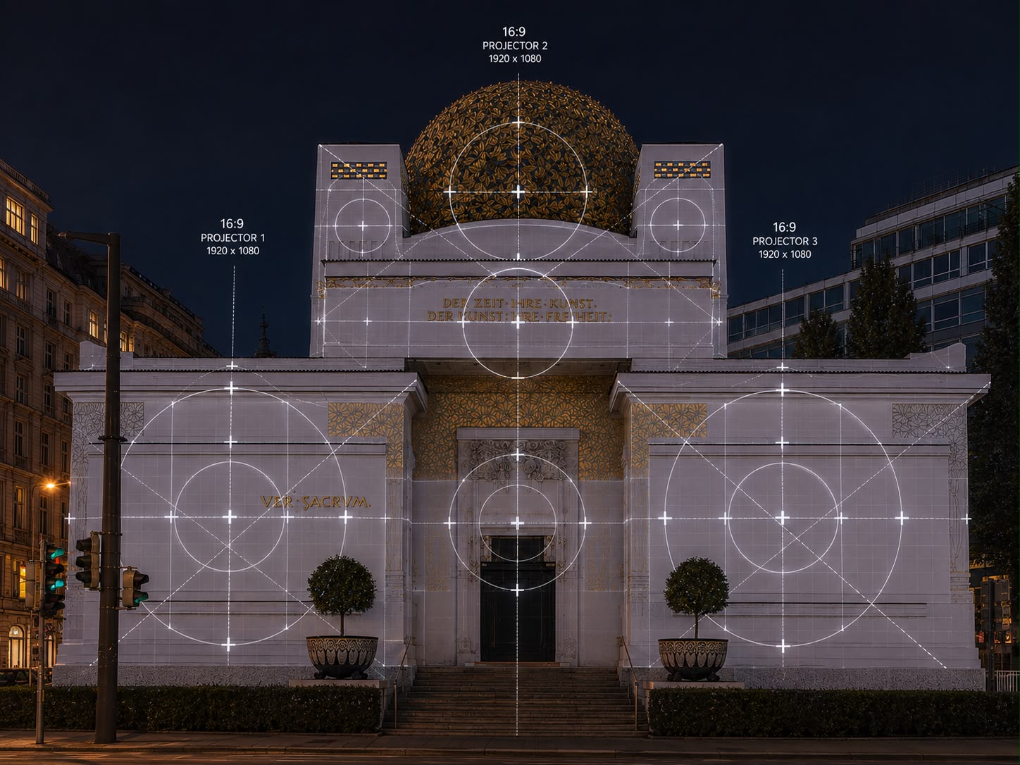 Technische Planung einer Fassadenprojektion mit drei Beamern und Mapping-Raster in Wien