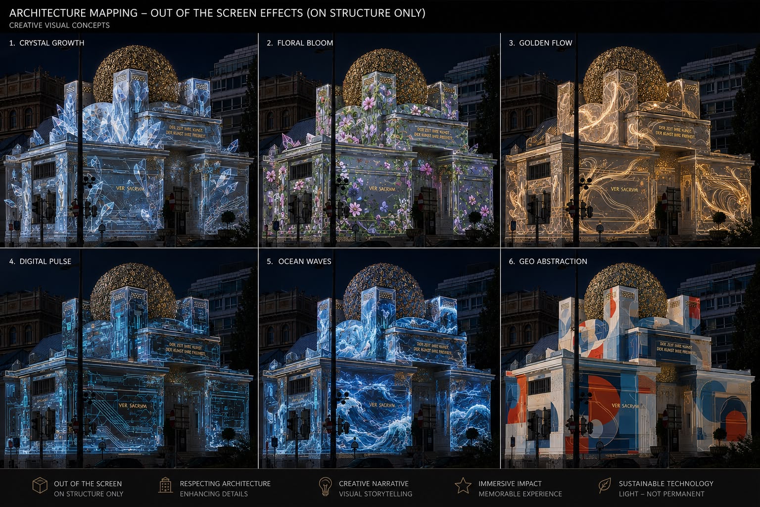 Projektionsmapping-Konzepte auf eine historische Fassade in Wien — Video-Mapping-Studien von MGL Videoservices