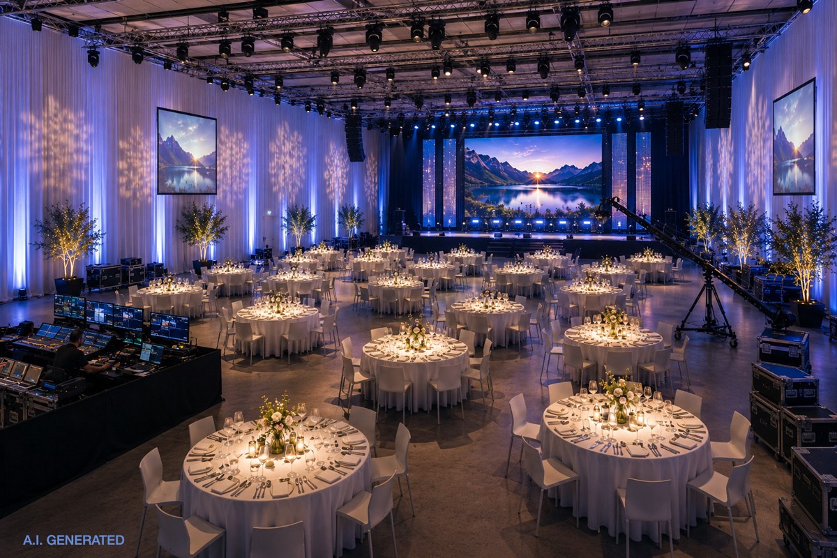 Event technology and event services in Vienna, Austria — gala with stage, LED wall, lighting and live direction