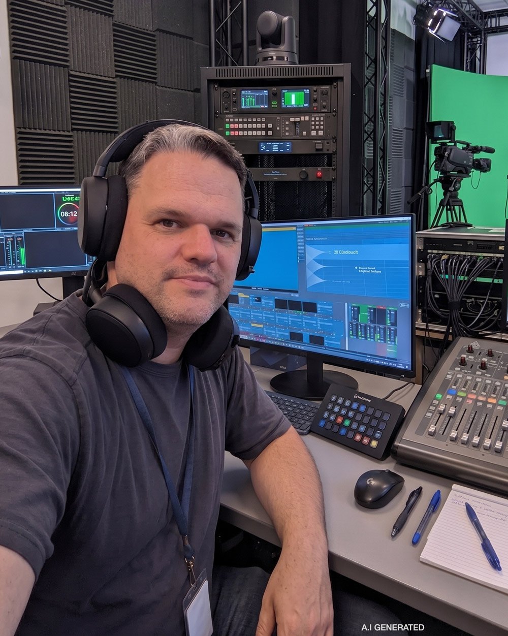 Studio operations in Vienna — live vision mixing at the control desk with multiple cameras for webinars and townhalls