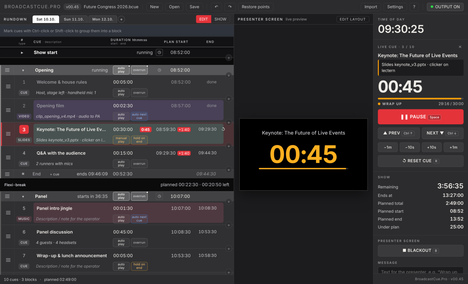 BroadcastCue.Pro Operator-Oberfläche mit Rundown, Presenter-Vorschau und Live-Steuerung